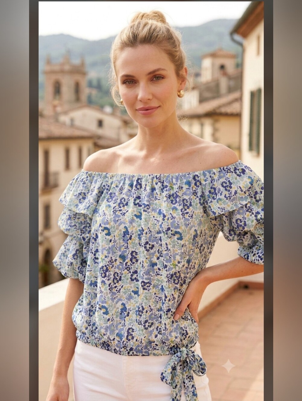 CeCe Blue Multi Floral Off-Shoulder Tie-Hem Blouse Sz S.